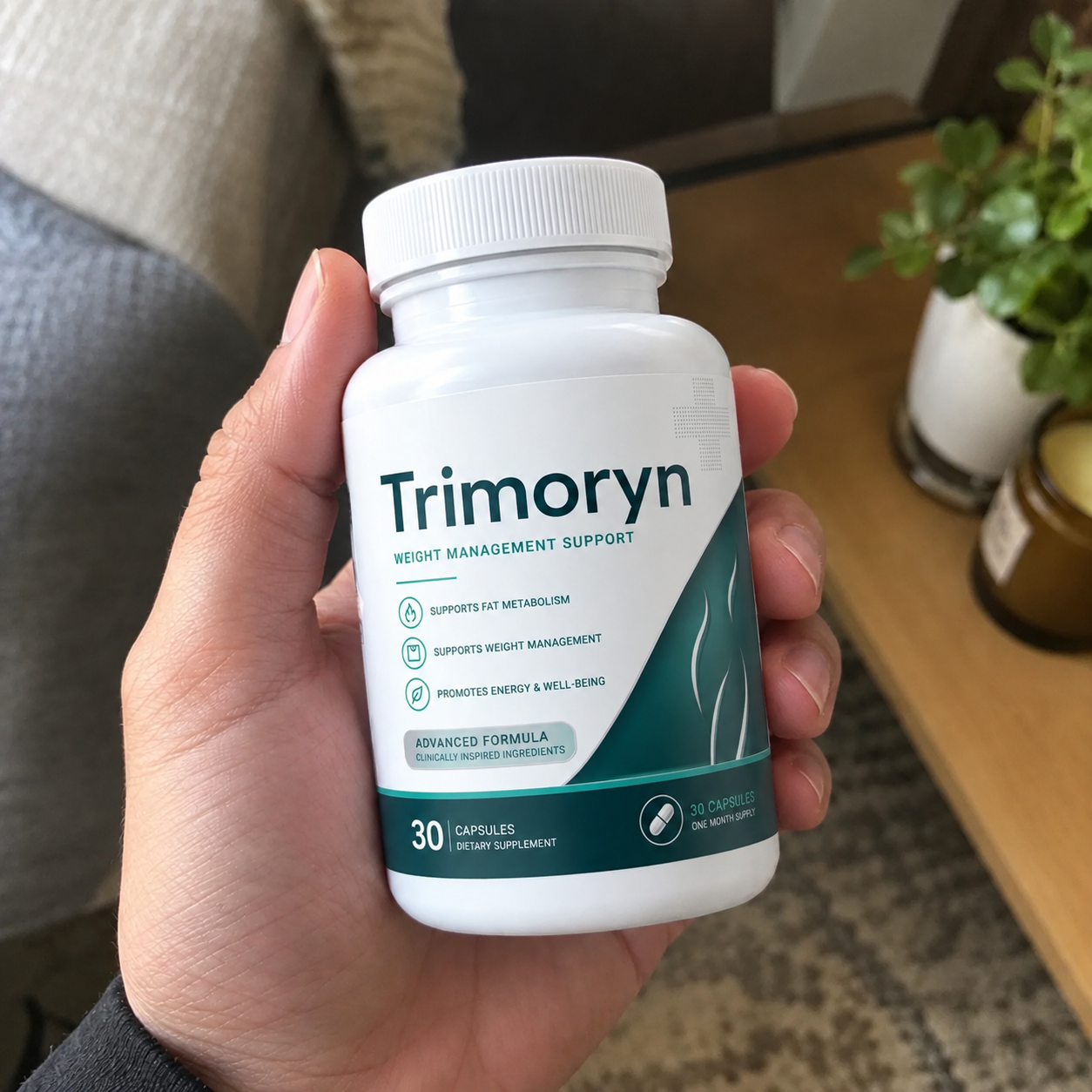 Woman holding a bottle of Trimoryn in her kitchen